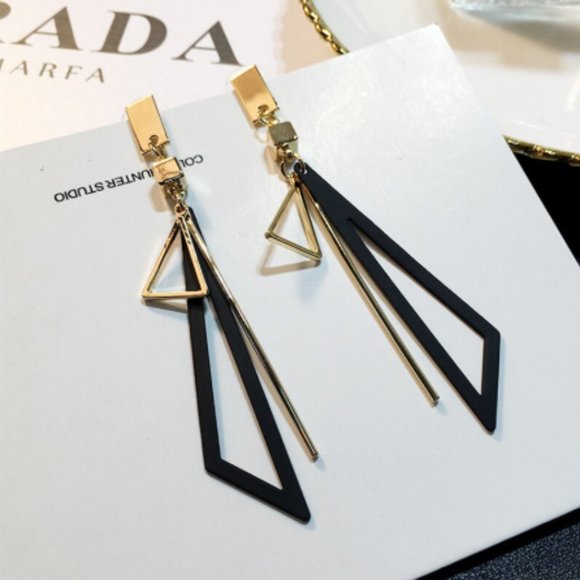 Gold And Black Long Statement Triangle Earrings - Picture 3 of 5